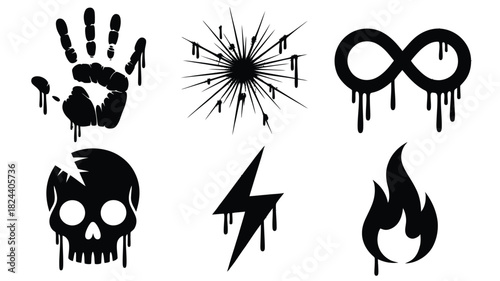 Set of dripping grunge icons black vector illustration of handprint explosion infinity skull lightning and fire isolated on white background