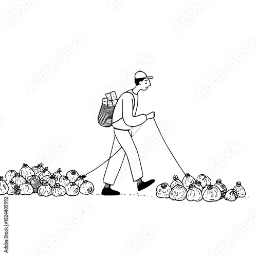 Person in cap pulling bags with rope and carrying basket on back in black and white illustration style