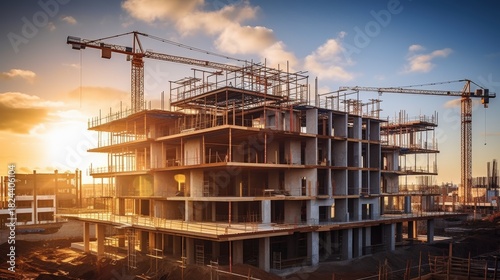 Wallpaper Mural A construction site at sunset featuring a partially built concrete structure and cranes, highlighting the progress of urban development. Torontodigital.ca