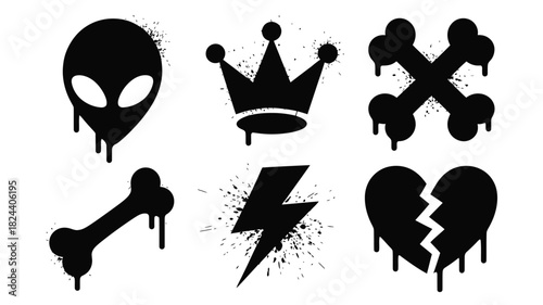 Set of grunge icons alien crown bones lightning and broken heart black vector illustration isolated on white background