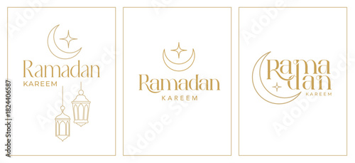 Minimalist linear Ramadan Kareem vertical backgrounds. Modern Islamic greeting card, banner and social media template design.