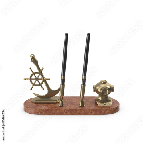 Brass nautical desk set with ship wheel and twin pen stands on transparent background