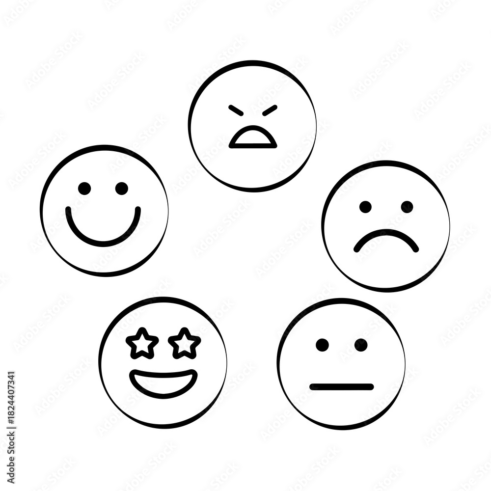 Fototapeta premium Black and White Emoji Vector Set: Faces and Emotions