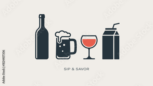 Minimalist drink icons featuring a wine bottle beer mug wine glass and juice box simple vector design for menu or infographic