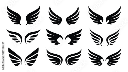 Set of black wings vector illustrations minimalist flat design elements isolated on white background for logo or tattoo