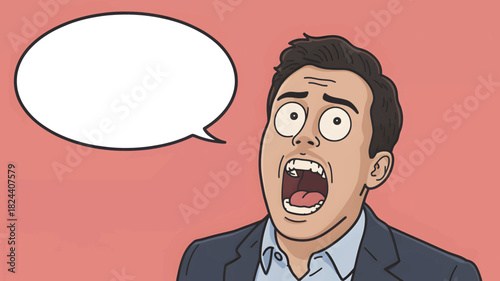 Cartoon man with a scared expression open mouth and speech bubble vector illustration for comics advertising and social media