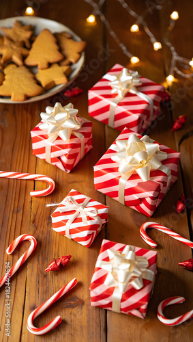 Christmas presents with candy canes and gingerbread cookies