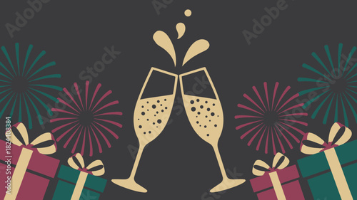 Elegant champagne glasses toasting with gifts and fireworks vector illustration for festive celebrations and special occasions