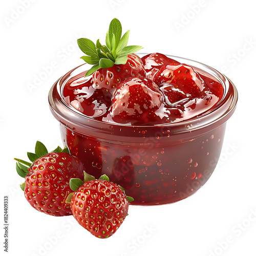 Glass bowl filled with strawberry jam and fresh strawberries isolated on transparent background