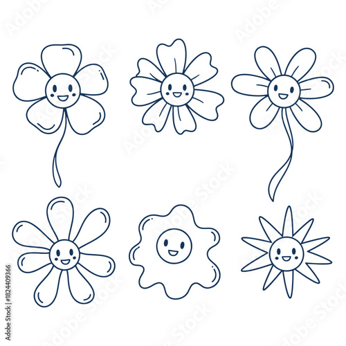 Six cute cartoon flowers and a fried egg with smiling faces daisy