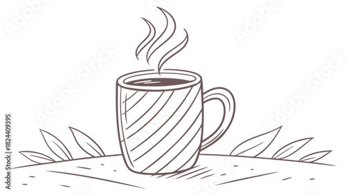 A steaming mug with diagonal lines on a surface with leaves in a simple black and white illustration