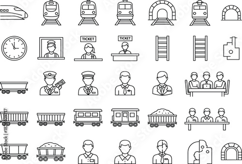 Large Railway and Train Transport Vector Line Icons Set, Including Locomotive, Tunnel, Ticket Counter, Staff, and Cargo Cart Symbols for Travel and Logistics
