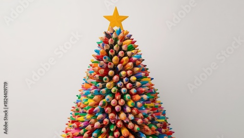colorful christmas tree, 
Christmas card. Christmas tree made from colored pencils.