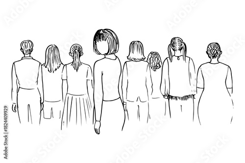 A woman in a crowd of women leaving or turning away looks back – hand drawn doodle illustration