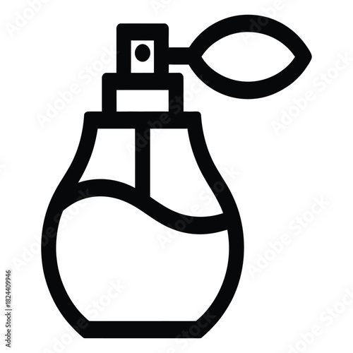 A sleek black and white outline icon of a classic perfume spray bottle, symbolizing fragrance, beauty, personal care, and luxury cosmetics, perfect for modern web design, app interfaces, or print