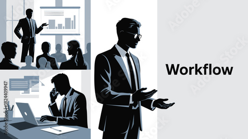 Business people in various work scenarios vector illustration of teamwork communication and office tasks isolated on white background