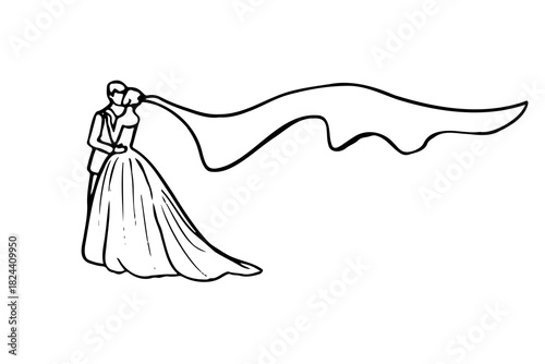 kissing bride and groom with long flowing veil - doodle hand drawn illustration
