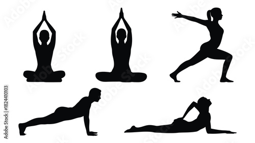 Set of yoga poses silhouettes fitness and wellness concept vector illustration isolated on white background