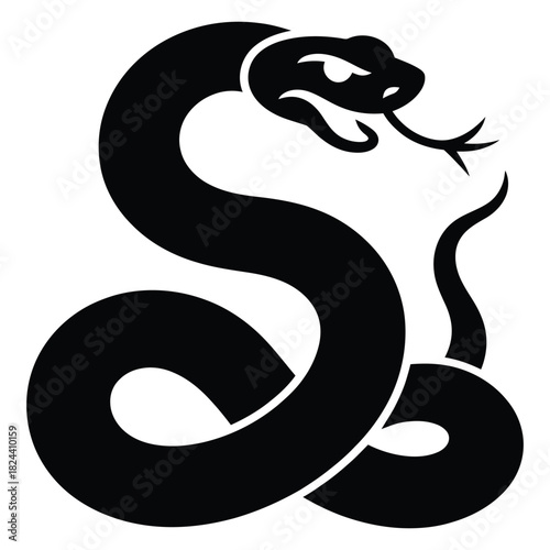 A sleek black silhouette of a serpent, elegantly coiled with its head poised and tongue flicking, representing danger, wisdom, and transformation, isolated on