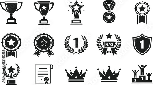 Set of Achievement and Award Vector Icons, including Trophy, Medal, Crown, Certificate, Winner Podium, and Success Symbols for Competition and Quality