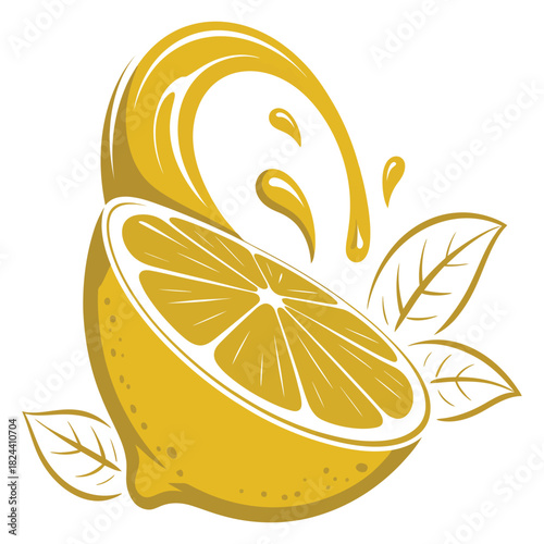 A vibrant yellow lemon, sliced in half, with a dynamic splash of fresh juice and delicate green leaves, creating a refreshing and zesty visual, isolated on