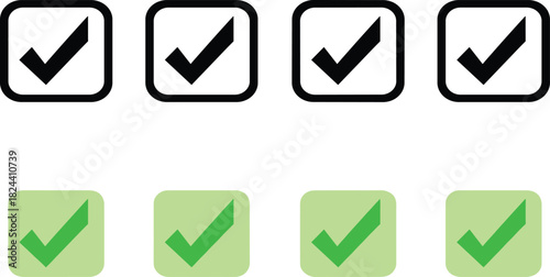 Set of Checkmark and Tick Mark Vector Icons in Black Outline and Green Solid Styles, Representing Approval, Completion, Confirmation, and Success
