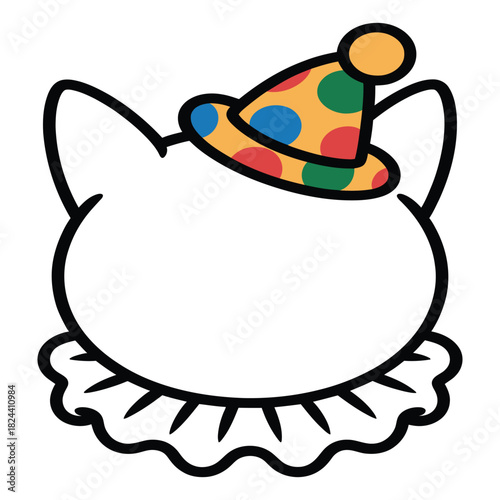 A whimsical cartoon outline of a cats head, playfully adorned with a vibrant polkadotted party hat and a festive ruffle collar, isolated on