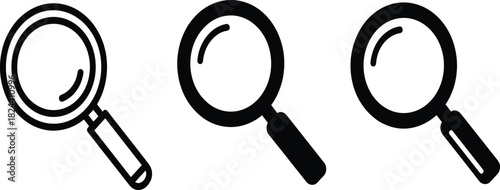 Set of Magnifying Glass Vector Icons in Line and Solid Styles, Representing Search, Find, Discovery, Investigation, and Zooming Functions