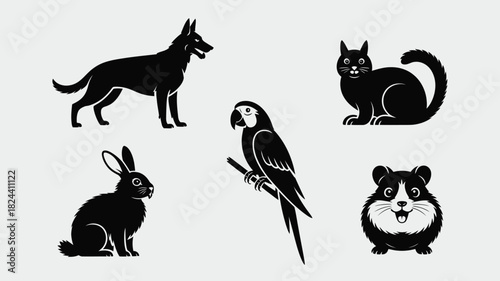 Set of domestic animal icons simple black glyph vector illustration isolated on a white background
