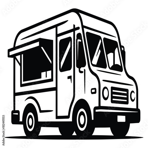 Black and white line art illustration of a classic food truck with an open serving window and awning, ready for street food vending or mobile catering, isolated on