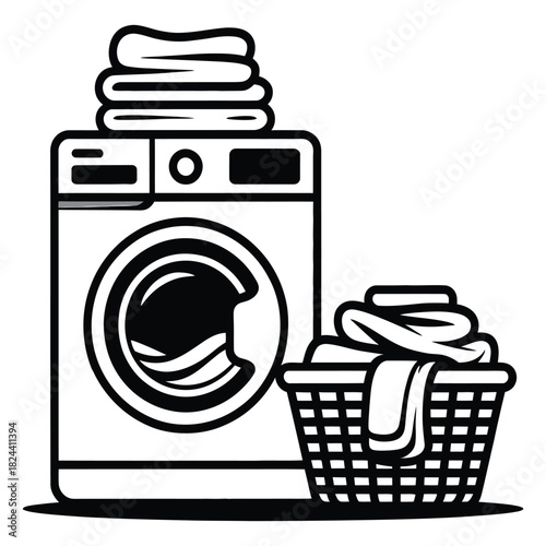 Black and white line art of a washing machine with folded laundry on top, next to a full laundry basket, symbolizing household chores, cleanliness, and domestic life, isolated on