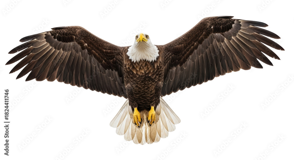 Obraz premium Bald eagle with open wings PNG isolated on transparent background, majestic bird of prey with brown feathers and white head for design use