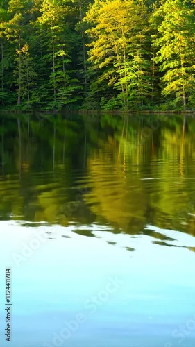 Reflections of trees on the surface of a lake.