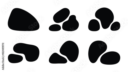 Set of abstract pebble stone shapes simple black vector design elements isolated on a white background