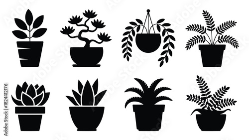 Set of potted plant icons simple black silhouette vector design decorative elements isolated on white background