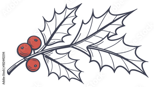 Illustration of a sprig of holly with three red berries and several spiky leaves in outline style