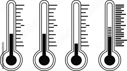 Set of Temperature Thermometer Vector Icons, Representing Weather, Fever, Heating, Cooling, Measurement, and Climate Control Indicators