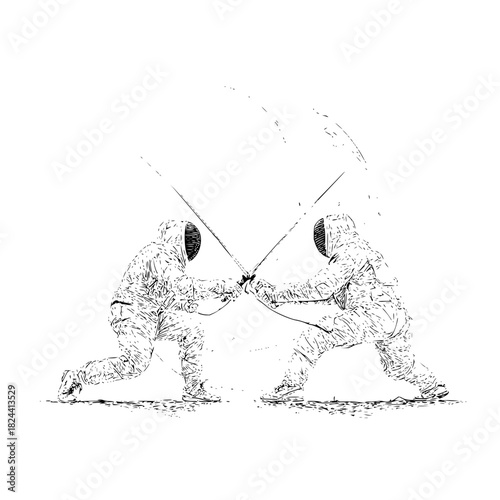 Two fencers in protective gear engaged in a fencing match with swords in a black and white illustration