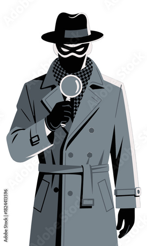 Cartoon Spy Character in Trench Coat with Magnifying Glass