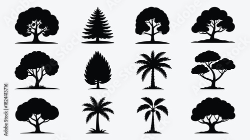 Set of tree silhouettes diverse vector collection of various tree types isolated on a white background for nature and environment designs
