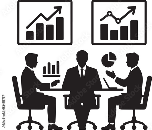Business meeting with charts and graphs showing growth and financial analysis data