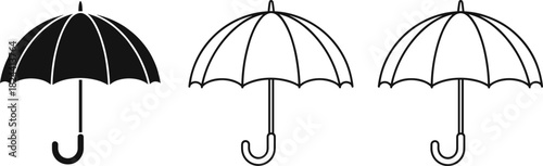 Set of Umbrella Vector Icons in Solid and Line Styles, Symbolizing Rain, Weather, Protection, Security, Insurance, and Seasonal Concepts
