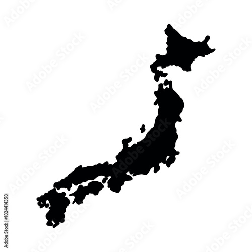 Vector silhouette of the map of Japan, a detailed geographical outline of the Japanese archipelago isolated on a white background