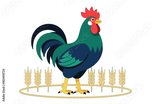 Colorful Rooster on Wheat Illustration in Vivid Tones