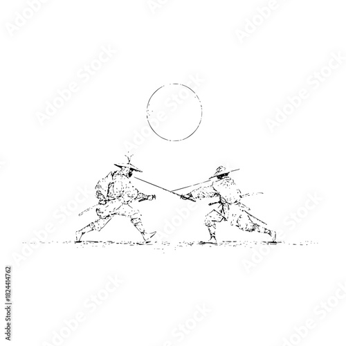Two samurai warriors engaged in a sword fight under a full moon in a minimalist black and white sketch
