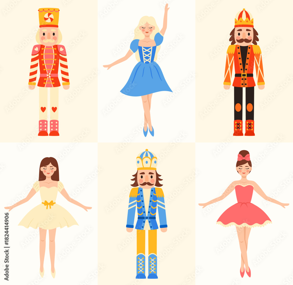 Naklejka premium Nutcracker and ballerina set. Traditional wooden toy soldiers in military costumes. Christmas and holiday elements.