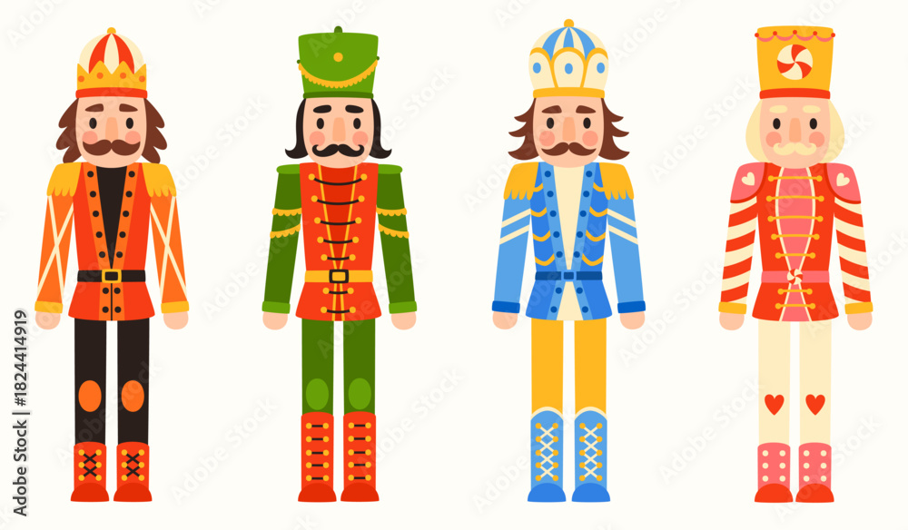 Fototapeta premium Nutcracker set. Traditional wooden soldier toys in military costumes. Christmas and holiday elements.