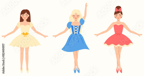A set of dancing ballerinas in dresses.