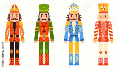 Nutcracker set. Traditional wooden soldier toys in military costumes. Christmas and holiday elements.