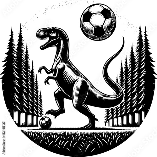 Dinosaur Soccer Play: A dynamic illustration captures a Tyrannosaurus Rex in a spirited soccer game, kicking the ball amidst a backdrop of towering pine trees. 